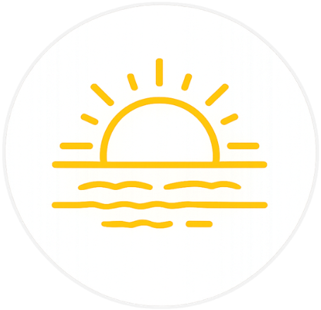Yellow sun icon rising over ocean waves in a circular frame.