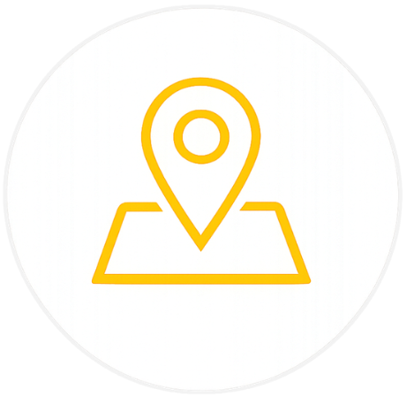 Yellow map pin icon on a white background inside a circle.