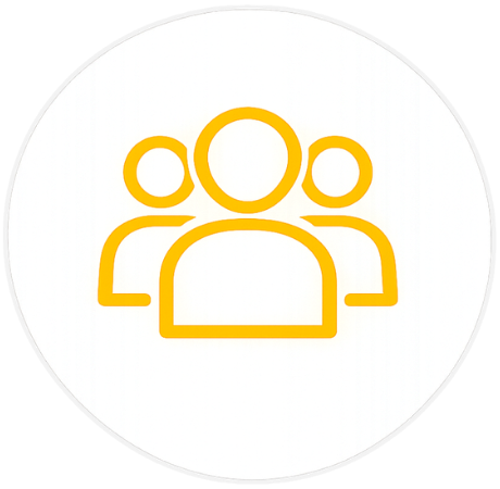 Three yellow outlined figures arranged in a group on a white circular background.