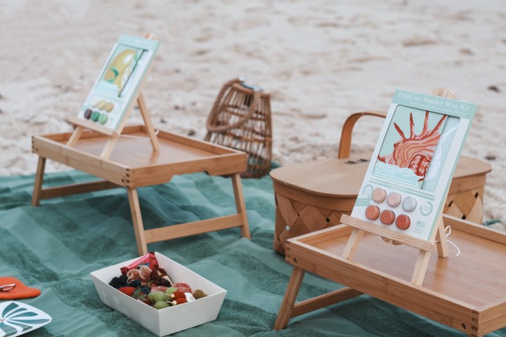 Beach picnic setup with trays, art, and snacks on a green blanket.
