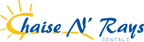 Logo with sun graphic, text 'Chaise N' Rays Rentals' in blue.